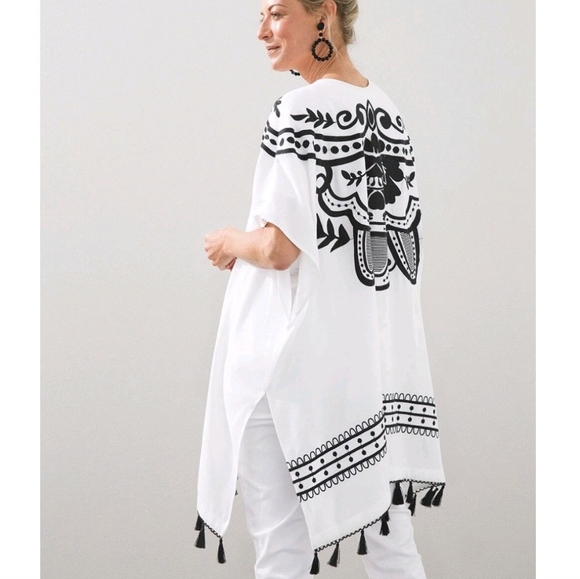 Tops - Chicos Kimono Tassel Ruana Floral Embroidered Caftan S/M Rayon